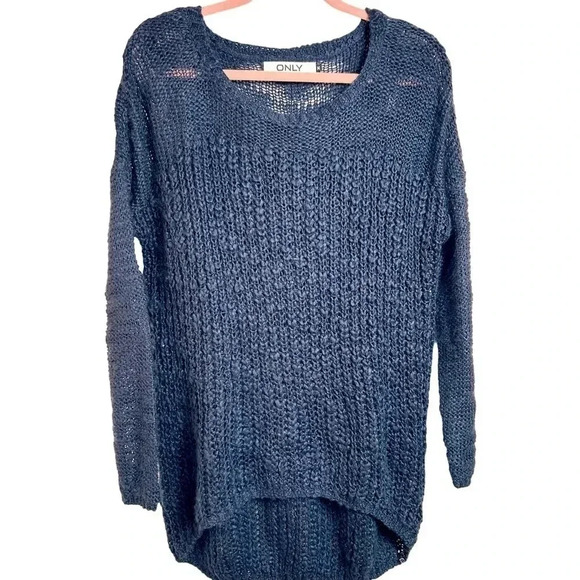 Only Sweaters - Chunky long knit  sweater, Navy, Medium, oversized, Sheer sleeves & chest. Cozy